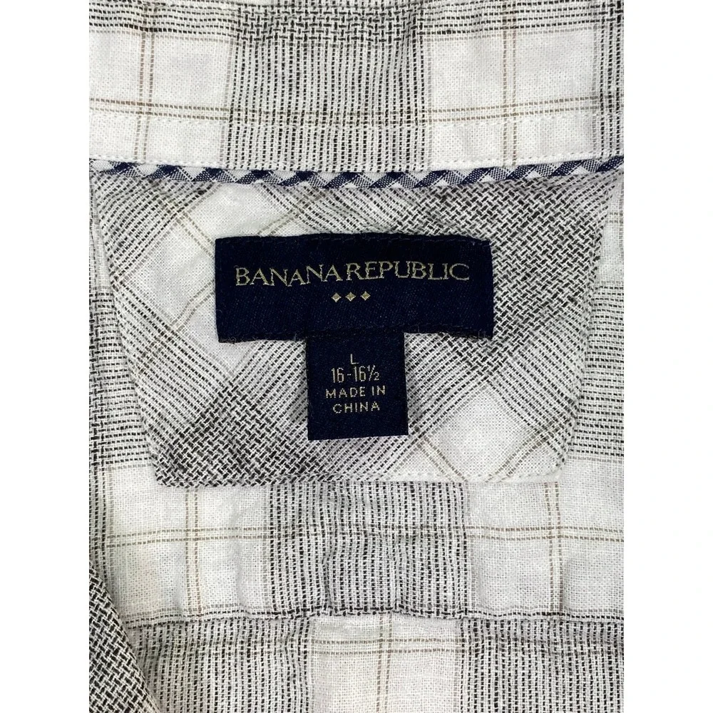 Banana Republic Mens Grey White Plaid Linen Cotton Button Down Shirt L 16-16.5